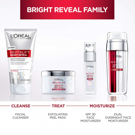 L'Oreal Paris Revitalift Bright Reveal Anti-Aging Peel Pads with Glycolic Acid Exfoliating Facial Pads to Reduce Wrinkles and Brighten Skin for All Skin Types 30 Count (Pack of 1) White