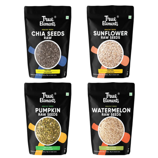 True Elements Healthy Raw Seeds Combo Pack (150g*4) - Seeds for Eating Combo | Chia Seeds, Pumpkin Seeds, Watermelon Seeds & Sunflower Seeds