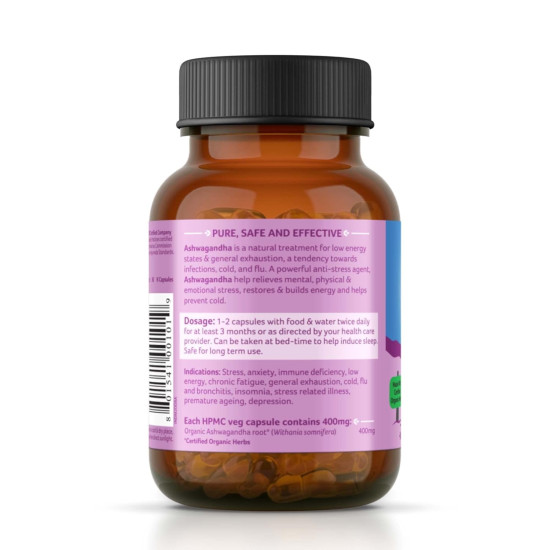 ORGANIC INDIA - A TATA Product - Pure Ashwagandha Root Capsules (Pack of 2)- 60 Veg Caps (400mg) Each, For Vitality & Relieves Stress, Naturally Boosts Energy & Stamina, GMP & NPOP Certified