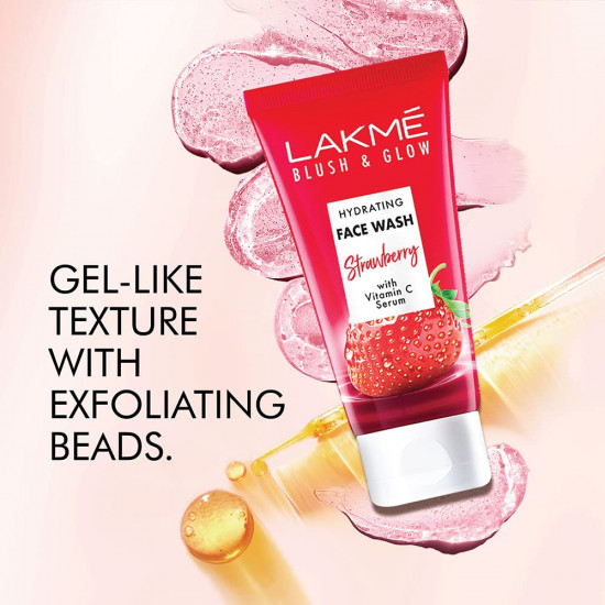 Lakme Blush & Glow Strawberry Refreshing Gel Face Wash 100 g, With 100% Natural Fruit for Glowing Skin - Daily Gentle Exfoliating Facial Cleanser