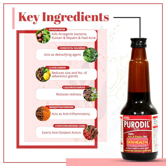 AIMIL Purodil Syrup for Pimple and Acne free Skin| Anti-Allergic Anti-Microbial Blood Pirifier Syrup - 200 ML AIMIL Purodil Syrup for Pimple and Acne free Skin| Anti-Allergic Anti-Microbial Blood Pirifier Syrup - 200 ML