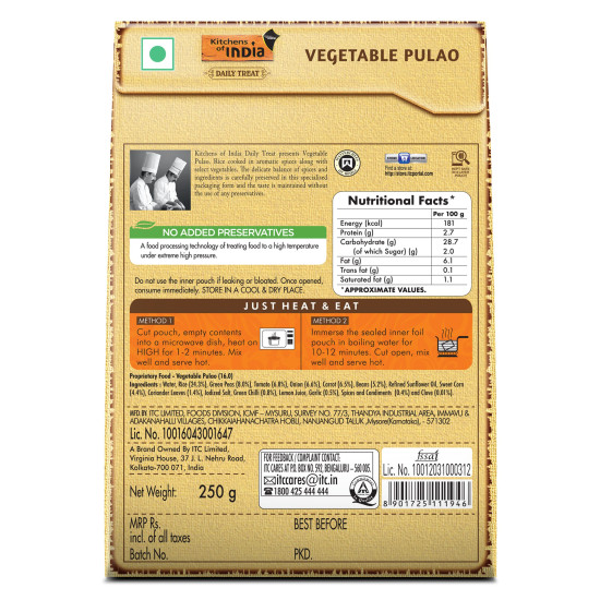 Kitchens of India Vegetable Pulao, ITC Ready to Eat Indian Dish, Just Heat and Eat, 250g