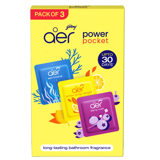 Godrej aer Power Pocket Bathroom Freshener – Assorted Pack of 3 (30g)| Lasts up to 30 days | Germ Protection