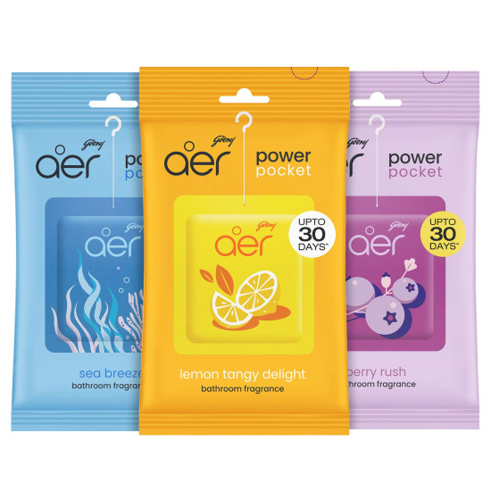Godrej aer Power Pocket Bathroom Freshener – Assorted Pack of 3 (30g)| Lasts up to 30 days | Germ Protection
