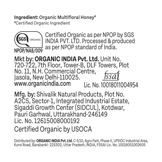 A TATA Product - ORGANIC INDIA Himalayan Multi Floral Honey 250g, Raw & Unprocessed, Natural & Organic, Sourced From the Shivalik Range of the Himalayas, Rich in Nutrients, Antioxidants
