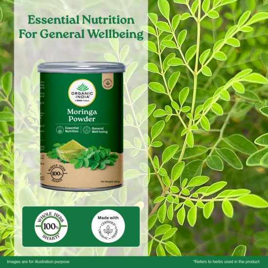 A TATA Product - Organic India Moringa Powder - 100g, Essential Nutrition Superfood, Helps Naturally Boost Energy Levels, Improves Stamina & Vitality, Rich In Vitamins & Minerals