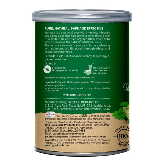 A TATA Product - Organic India Moringa Powder - 100g, Essential Nutrition Superfood, Helps Naturally Boost Energy Levels, Improves Stamina & Vitality, Rich In Vitamins & Minerals