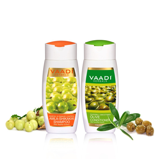 Vaadi Herbals Amla Shikakai Hair fall and Damage Control Shampoo, 110ml with Olive Conditioner, 110ml