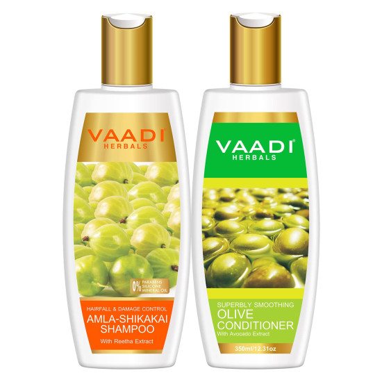 Vaadi Herbals Amla Shikakai Hair Fall and Damage Control Shampoo, 350ml with Olive Conditioner, 350ml