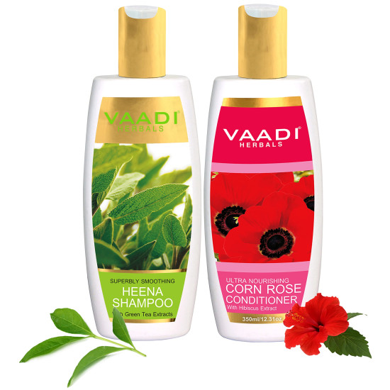 Vaadi Herbals Superbly Smoothing Heena Shampoo, 350ml with Corn Rose Conditioner, 350ml