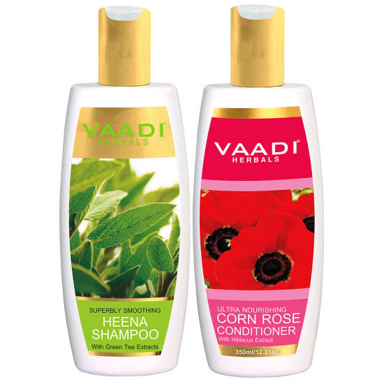 Vaadi Herbals Superbly Smoothing Heena Shampoo, 350ml with Corn Rose Conditioner, 350ml