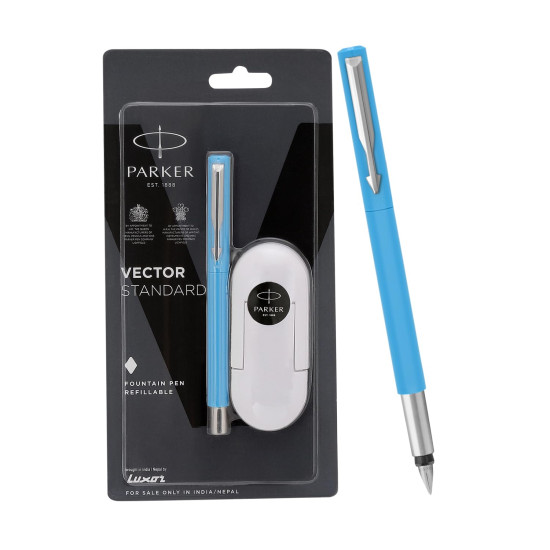 Parker Vector Standard Fountain Pen |Ink Color Blue | Fine Nib, Blue Body with Chrome Trim | Refillable Ink Pen with 3 Free Blue Ink Cartridges | A Premium Writing Experience for Everyone