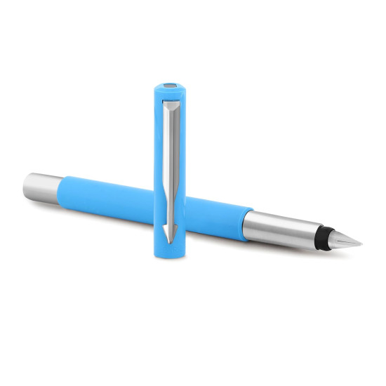 Parker Vector Standard Fountain Pen |Ink Color Blue | Fine Nib, Blue Body with Chrome Trim | Refillable Ink Pen with 3 Free Blue Ink Cartridges | A Premium Writing Experience for Everyone