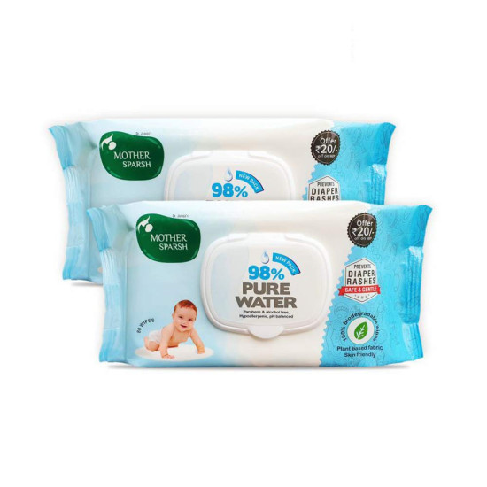 Mother Sparsh 98% Water Based Baby Wipes I Plant made Baby Wet Wipes I 80 Pcs wipes with lid, Pack of 2