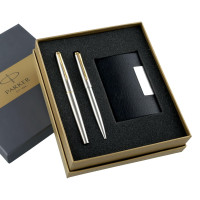 Parker Galaxy Gold Trim Ball Pen with Free Card Holder (Stainless Steel)
