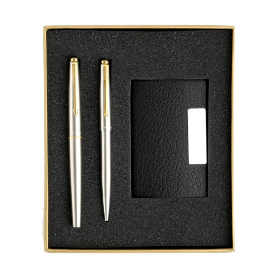 Parker Galaxy Gold Trim Ball Pen with Free Card Holder (Stainless Steel) Parker Galaxy Gold Trim Ball Pen with Free Card Holder (Stainless Steel)