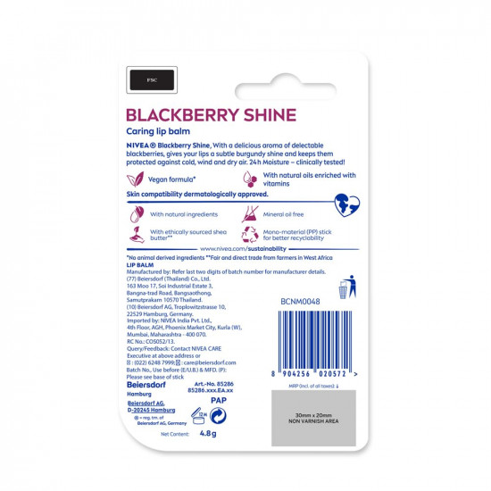 Nivea Lip Balm, BlackBerry Shine, 24h Moisture , 4.8g
