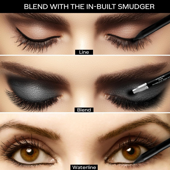 FACES CANADA Ultime Pro Intense Gel Kajal With Smudger & Sharpener - Black, 1.2 g | 24 Hr Long Stay | Waterproof & Smudgeproof | One Swipe Smooth Application | 3-in-1 Kajal, Eyeliner, Smokey Eyeshadow