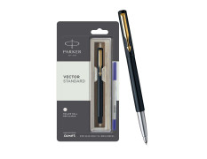 Parker Vector Standard Gold Trim Roller Ball Pen | Ink Color - Blue | Black Body Color | Ergonomic Design | Built for long writing sessions