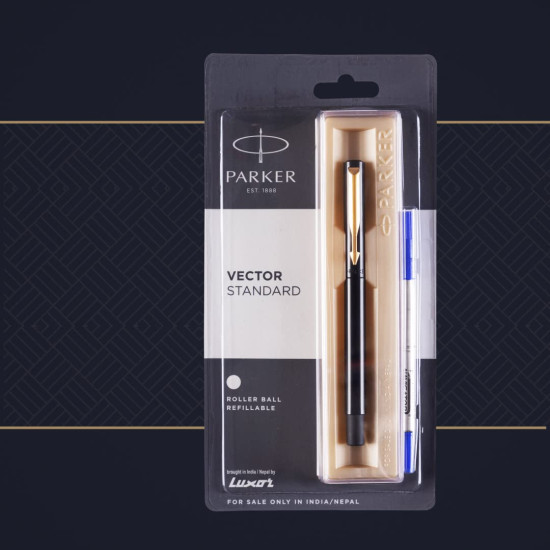 Parker Vector Standard Gold Trim Roller Ball Pen | Ink Color - Blue | Black Body Color | Ergonomic Design | Built for long writing sessions Parker Vector Standard Gold Trim Roller Ball Pen | Ink Color - Blue | Black Body Color | Ergonomic Design | Built for long writing sessions