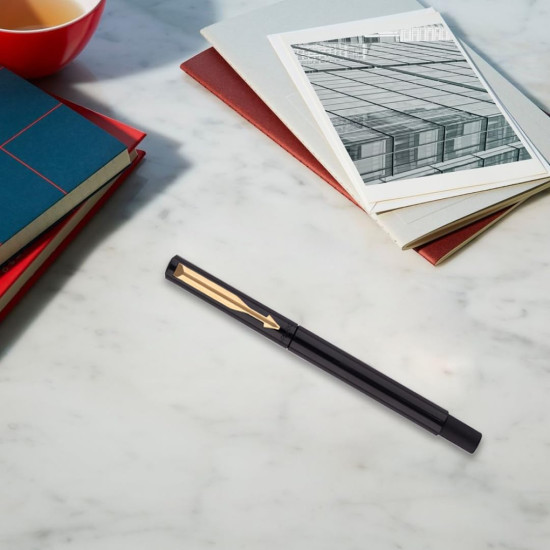 Parker Vector Standard Gold Trim Roller Ball Pen | Ink Color - Blue | Black Body Color | Ergonomic Design | Built for long writing sessions Parker Vector Standard Gold Trim Roller Ball Pen | Ink Color - Blue | Black Body Color | Ergonomic Design | Built for long writing sessions
