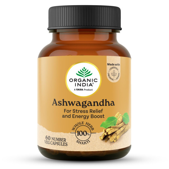 A TATA Product - Organic India Pure Ashwagandha Root Capsules - 60 Veg Caps (400mg), For Vitality & Relieves Stress, Naturally Boosts Energy & Stamina, Improves Immune System, GMP & NPOP Certified