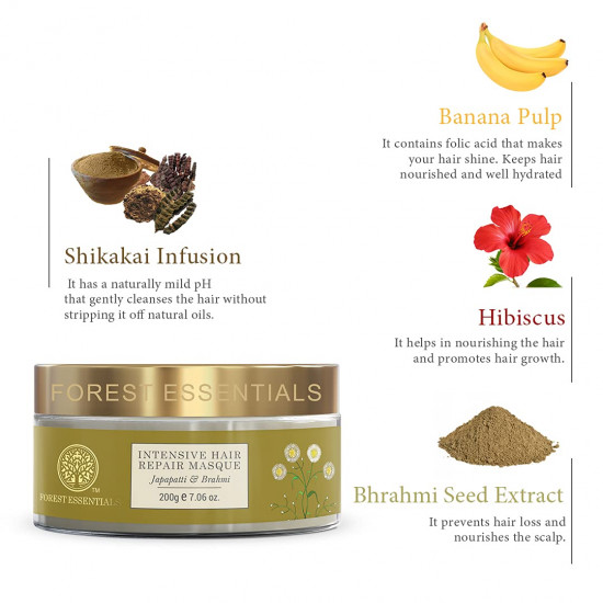 Forest Essentials Intensive Hair Repair Masque Japapatti & Brahmi | Ayurvedic Deep Nourishing Hair Mask | Repairs Dry, Frizzy, Damaged & Chemically Treated Hair | Natural Hair Mask With Banana Pulp and Fresh Herb Infusions of Methi, Brahmi and Nag
