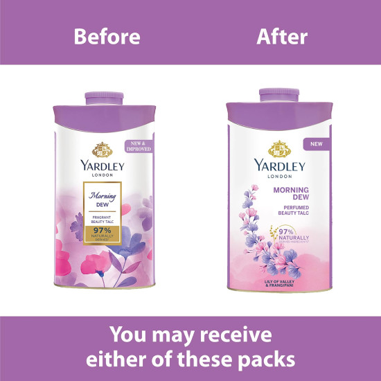 Yardley London Morning Dew Perfumed Talc Pwder for Women with Calcium Carbonate, Magnisium Carbonate, Fragrance, Dipropylene Glycol, Calcium Silicate, Triclosan, Pack of 1, 250g