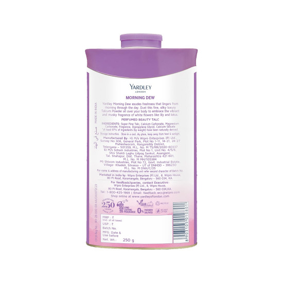 Yardley London Morning Dew Perfumed Talc Pwder for Women with Calcium Carbonate, Magnisium Carbonate, Fragrance, Dipropylene Glycol, Calcium Silicate, Triclosan, Pack of 1, 250g