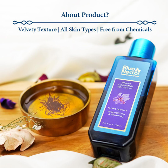 Blue Nectar Kumkumadi Body Oil for Glowing Skin | Moisturizing Body Oil for Dry Skin with Relaxing Aroma | Plant Based Formula for Women & Men (12Herbs, 100ml) Blue Nectar Kumkumadi Body Oil for Glowing Skin | Moisturizing Body Oil for Dry Skin with Relaxing Aroma | Plant Based Formula for Women & Men (12Herbs, 100ml)