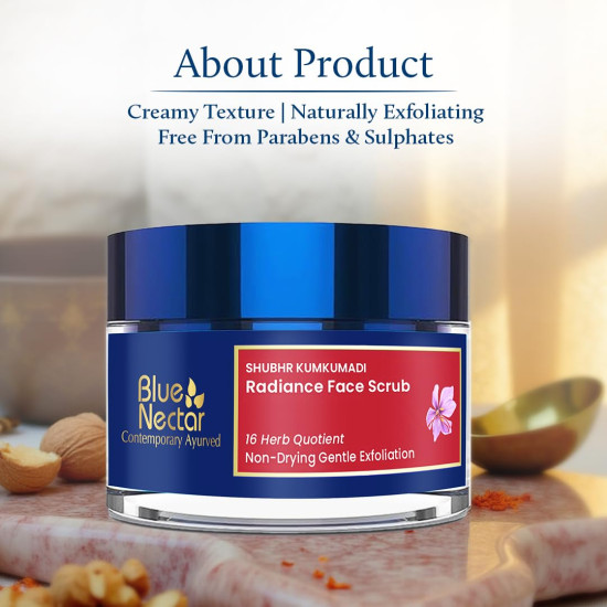 Blue Nectar Face Scrub for Glowing Skin with Kumkumadi Tailam | Non-Drying Exfoliating Scrub for Skin Brightening with AHA | Gentle Detan Cream for Women & Men (16 Herbs, 50g)