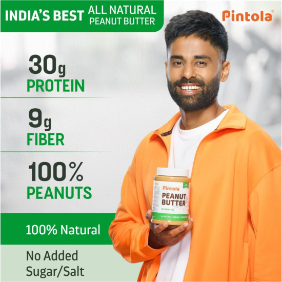 Pintola All Natural Peanut Butter (Creamy) (350g (Pack of 1)) | Unsweetened | 30g Protein | Non GMO | Gluten Free | Cholesterol Free