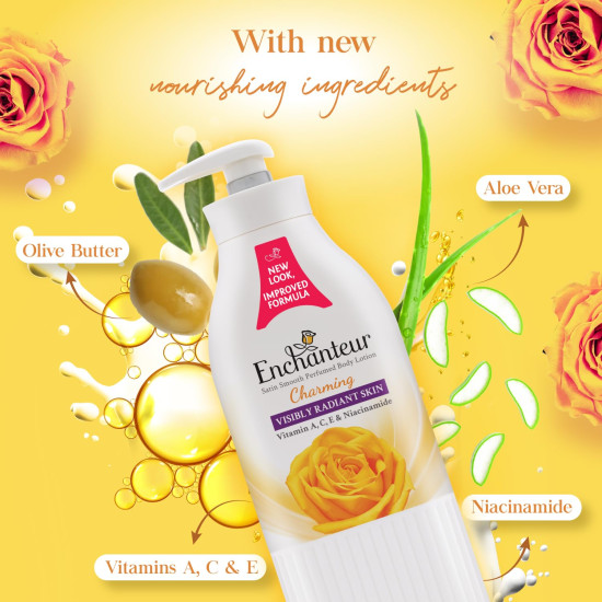 Enchanteur Charming Perfumed Body Lotion with Aloe Vera & Olive Butter for Satin Smooth Skin| Non-Greasy Formula| Water-Based Lotion| Floral French Fragrance| 500ml Enchanteur Charming Perfumed Body Lotion with Aloe Vera & Olive Butter for Satin Smooth Skin| Non-Greasy Formula| Water-Based Lotion| Floral French Fragrance| 500ml