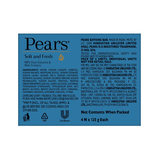 Pears Soft and Fresh Soap Bar (Combo Pack of 4) - With Glycerin and Mint for Soft Skin & Body, Paraben-Free Body Soaps For Bath Ideal for Men & Women