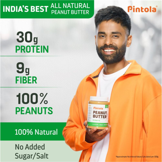 Pintola All Natural Peanut Butter Crunchy 1kg | Unsweetened | 30g Protein | Vegan Peanut Butter, 100% Pure Roasted Peanuts | Non Gmo | High in Protein Spread, Gluten & Cholesterol Free, Nut Butter