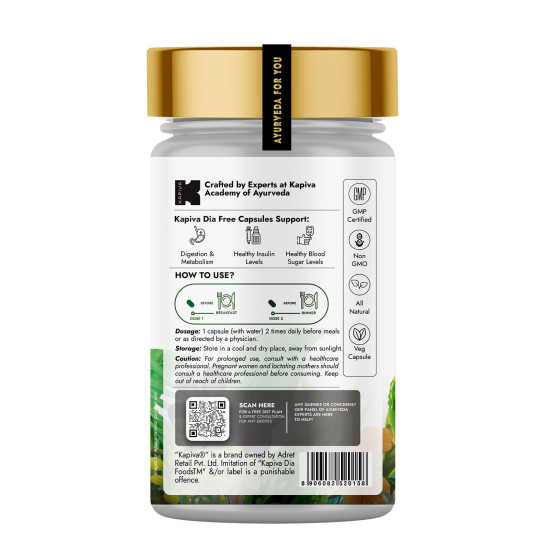 Kapiva Dia Free Capsules | Helps Manage Blood Sugar Levels With Karela, Jamun & Gudmar | 100% Ayurvedic Capsules with Powerful Herbs | 1 Month Pack for Diabetes/Diabetic Care | 60 Capsules/Tablet