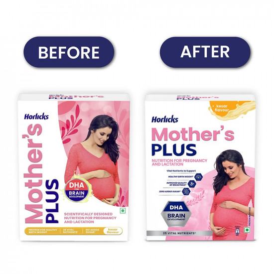 Horlicks Mother's Horlicks Plus Powder, Health Drink For Pregnancy & Lactation, Protein For Healthy Birth Weight, No Added Sugar, Kesar Flavour, Refill, 500G
