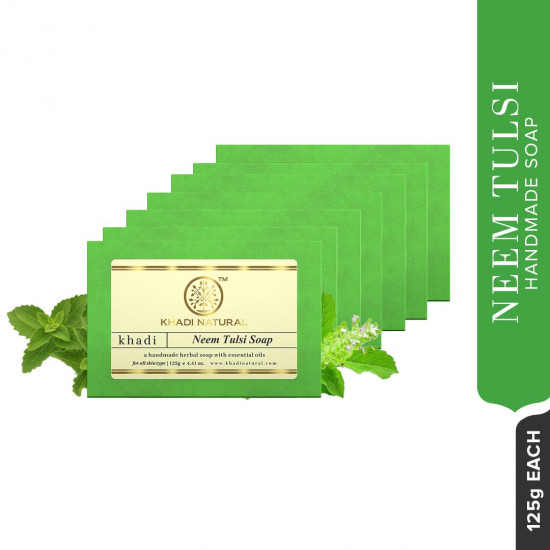 Khadi Natural Neem Tulsi Soap | Herbal Bathing Soap for Acne | Natural Soap with Essential Oils | Anti-Bacterial Soap | Suitable for All Skin Types | Pack of 7 | (125gm *7) (875gm)