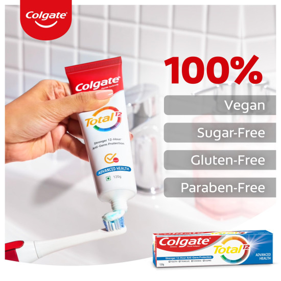 Colgate Total Whole Mouth Health, Antibacterial Toothpaste, 120gm (Advanced Health), World's No. 1* Germ-fighting Toothpaste