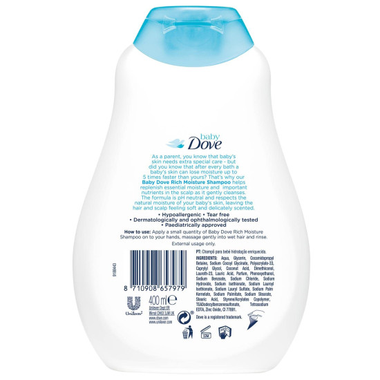 Baby Dove Shampoo 400 ml, Mild No Tears Rich Moisture Baby Shampoo for kids, Gentle Care for Baby's Soft Hair - No Sulphates No Paraben shampoo