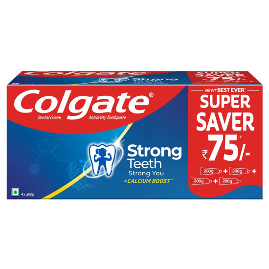 Colgate Strong Teeth, 800g (Combo Pack, Buy 3 Get 1 Free), India’s No: 1 Toothpaste Brand, Calcium-boost for 2X Stronger Teeth, Prevents cavities, Whitens Teeth, Freshens Breath