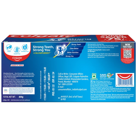 Colgate Strong Teeth, 800g (Combo Pack, Buy 3 Get 1 Free), India’s No: 1 Toothpaste Brand, Calcium-boost for 2X Stronger Teeth, Prevents cavities, Whitens Teeth, Freshens Breath