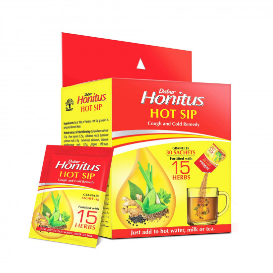 Dabur Honitus Hot Sip - Pack of 30 Sachets ( 4gx30 )| 100% Ayurvedic Kadha | Provides Instant Relief from Cough, Cold & Sore Throat | Natural Immunity Booster | Unique Blend of 15 Ayurvedic Herbs