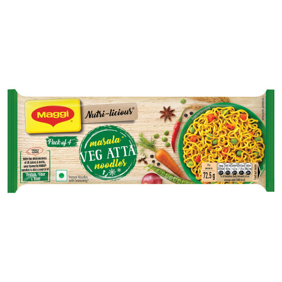 MAGGI Nutri-licious Veg Atta Masala Noodles, Instant Noodles with 20 Spices & Herbs, Source of Fibre & Iron, Atta Noodles with Appetizing Aroma & Delicious Taste, 290 grams