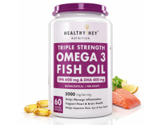 HealthyHey Nutrition Fish Oil Capsules Omega 3 60 Softgel For Women and Men | Triple Strength Fish Oil | Burpless, EPA 600 - DHA 400 Supplement