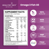HealthyHey Nutrition Fish Oil Capsules Omega 3 60 Softgel For Women and Men | Triple Strength Fish Oil | Burpless, EPA 600 - DHA 400 Supplement