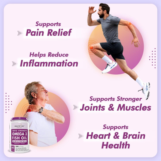 HealthyHey Nutrition Fish Oil Capsules Omega 3 60 Softgel For Women and Men | Triple Strength Fish Oil | Burpless, EPA 600 - DHA 400 Supplement