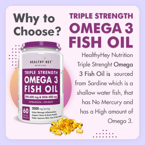 HealthyHey Nutrition Fish Oil Capsules Omega 3 60 Softgel For Women and Men | Triple Strength Fish Oil | Burpless, EPA 600 - DHA 400 Supplement