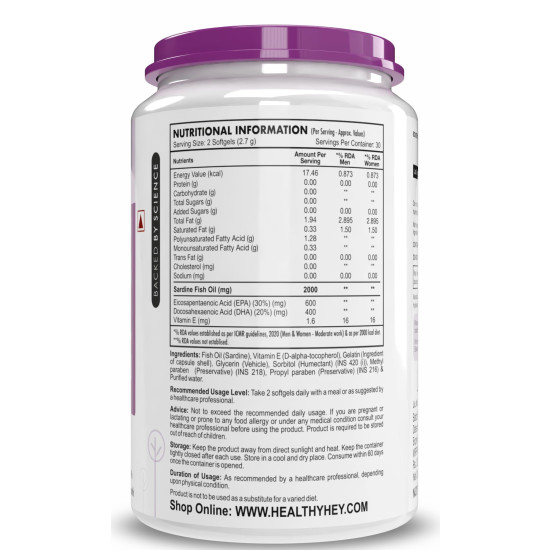 HealthyHey Nutrition Fish Oil Capsules Omega 3 60 Softgel For Women and Men | Triple Strength Fish Oil | Burpless, EPA 600 - DHA 400 Supplement