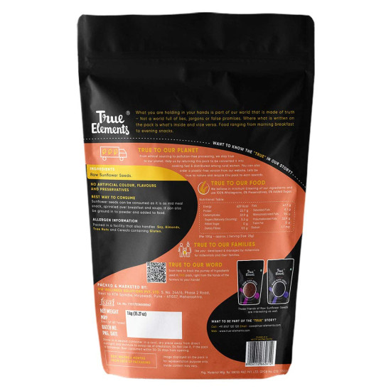 True Elements Sunflower Seeds 1kg - Raw Seeds for Eating | Healthy Snacks | High in Vitamin, Fibre & Protein | Non - GMO | Diet Food | Gluten free | Premium Raw Sunflower Seeds